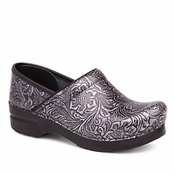 dansko grey tooled patent leather